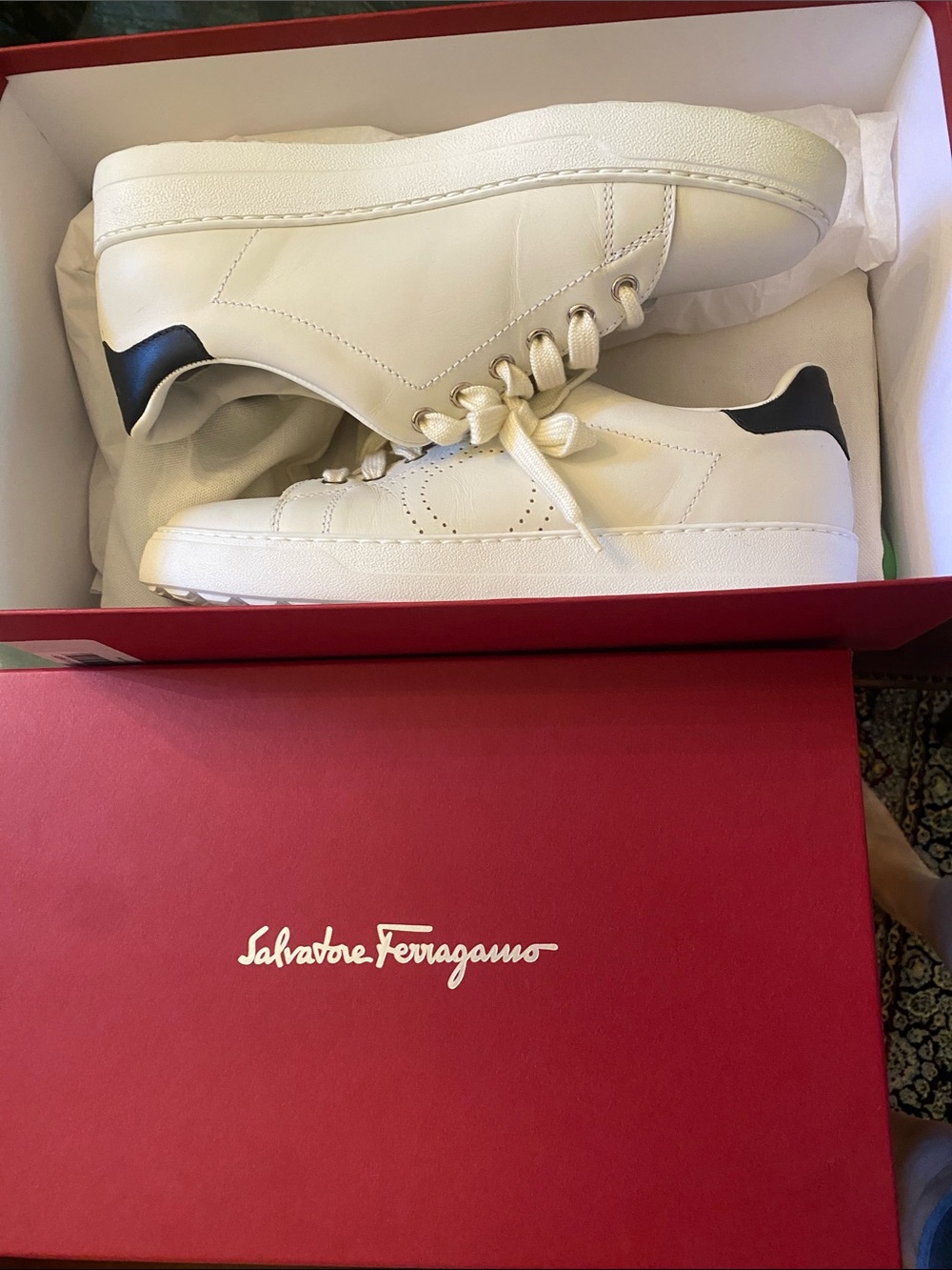 Salvatore Ferragamo White Leather Sneakers with Black Heel Tab